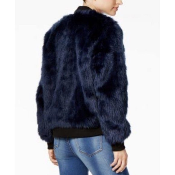 SAY WHAT? Faux Fur Jacket Coat Size Small Midnight Blue with Black Trim - Picture 14 of 14